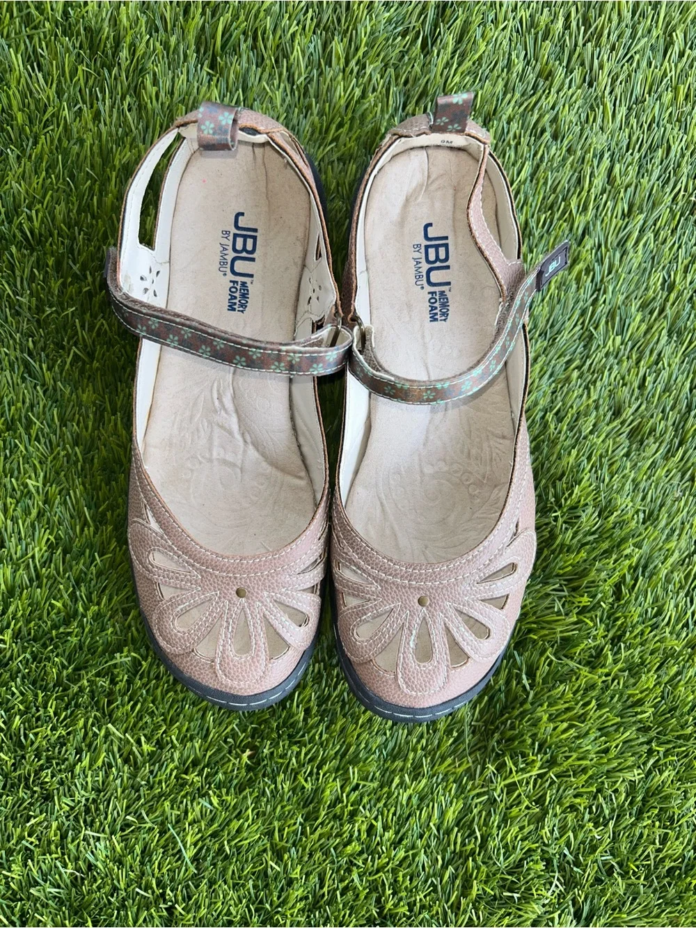 JBU brown Floral Cutout Mary Jane Flats with Metallic Strap